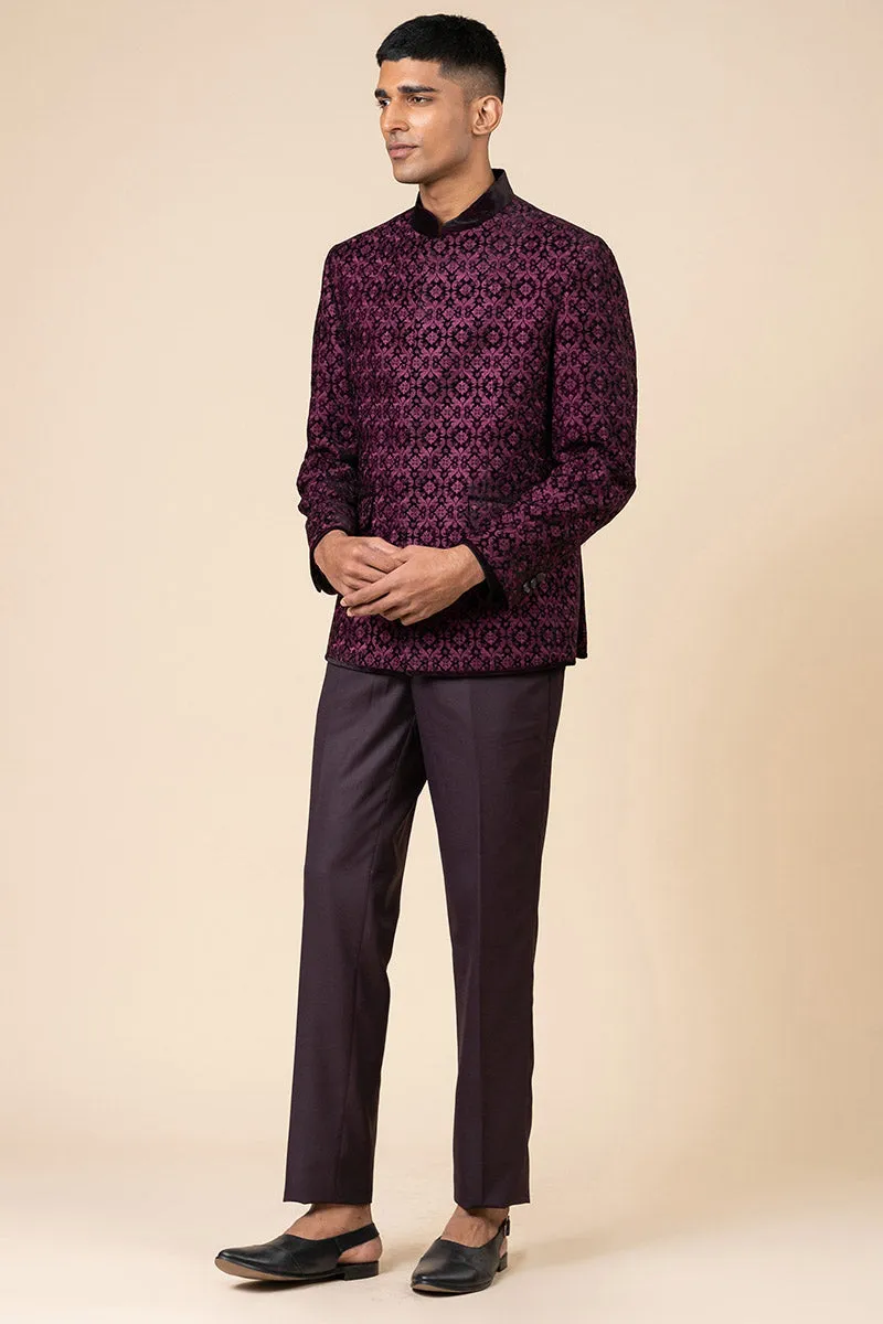Wine All Over Embroidered Velvet Bandhgala