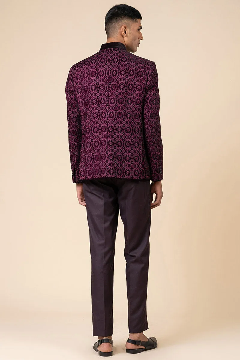 Wine All Over Embroidered Velvet Bandhgala