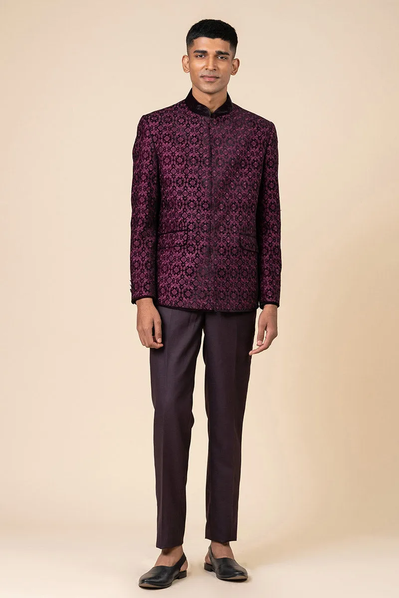 Wine All Over Embroidered Velvet Bandhgala