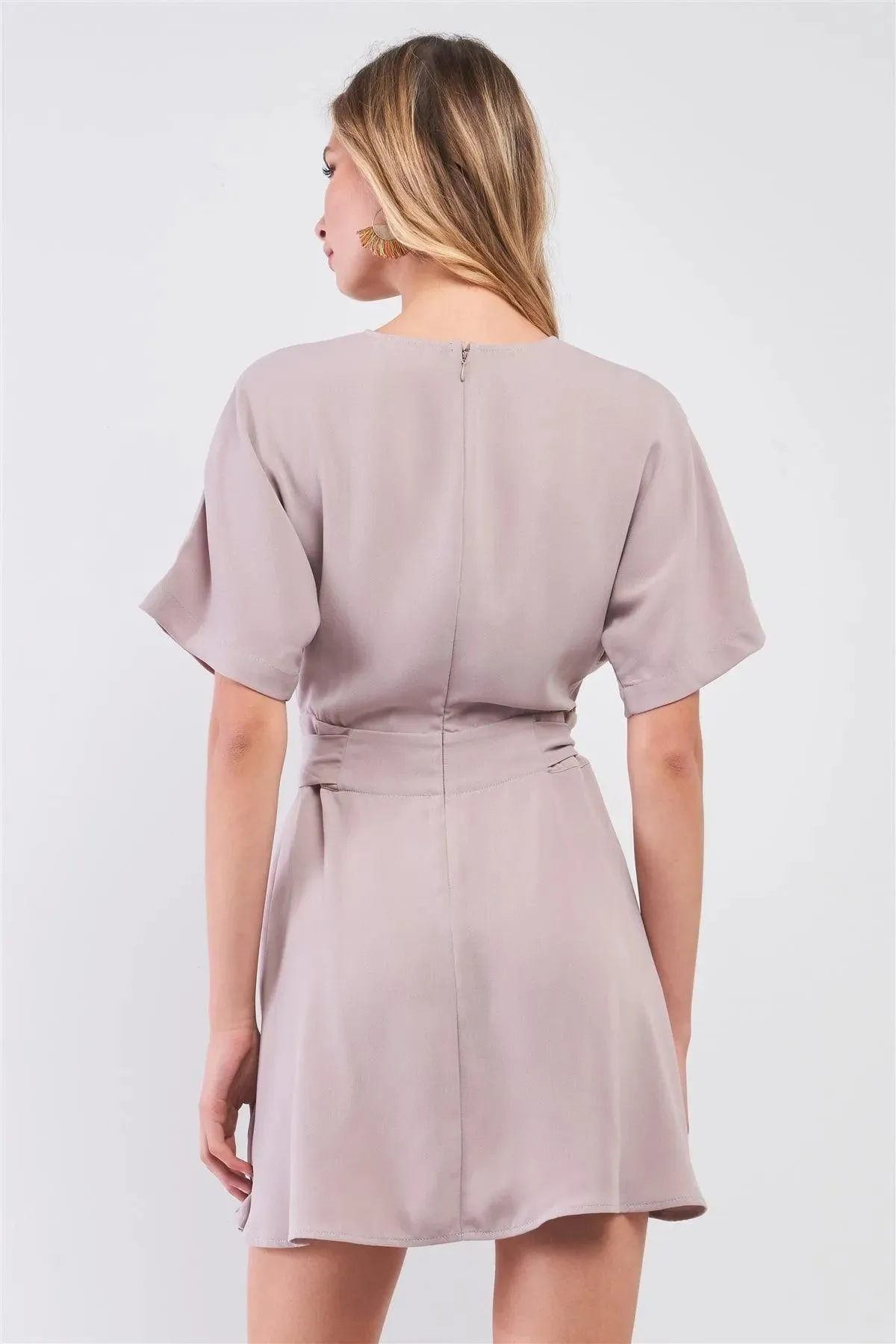 Winter Grey Wrap V-Neck Self-Tie Waist Detail Pleated Flare Mini Dress /1-3-1