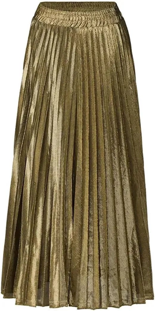 Women Clothes High Waist A-Line Pleated Sliver Vintage Elastic Long Halfbody Skirt