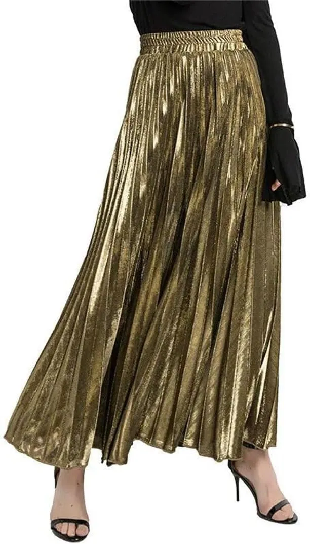 Women Clothes High Waist A-Line Pleated Sliver Vintage Elastic Long Halfbody Skirt