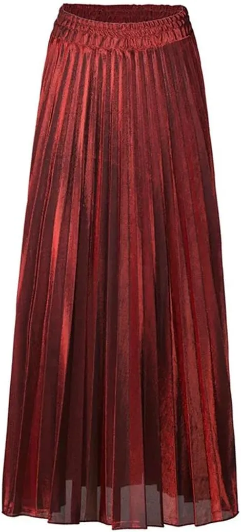 Women Clothes High Waist A-Line Pleated Sliver Vintage Elastic Long Halfbody Skirt