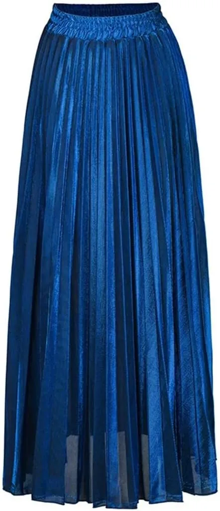 Women Clothes High Waist A-Line Pleated Sliver Vintage Elastic Long Halfbody Skirt