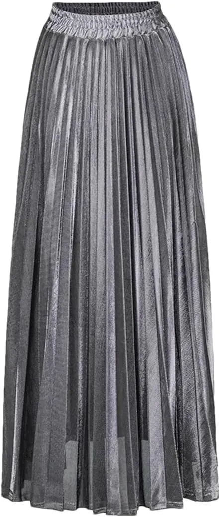 Women Clothes High Waist A-Line Pleated Sliver Vintage Elastic Long Halfbody Skirt