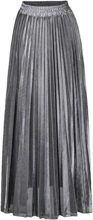 Women Clothes High Waist A-Line Pleated Sliver Vintage Elastic Long Halfbody Skirt