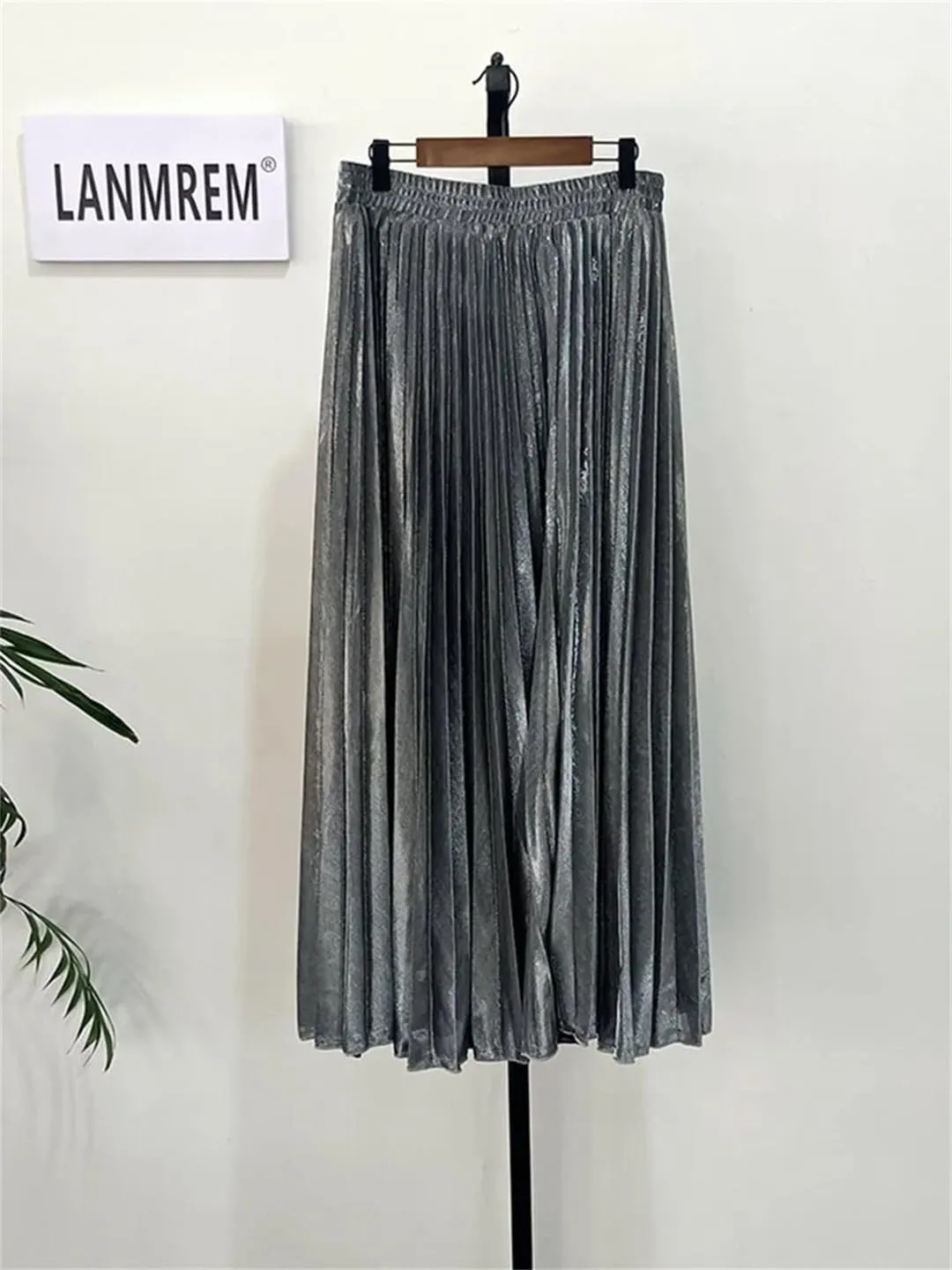 Women Clothes High Waist A-Line Pleated Sliver Vintage Elastic Long Halfbody Skirt