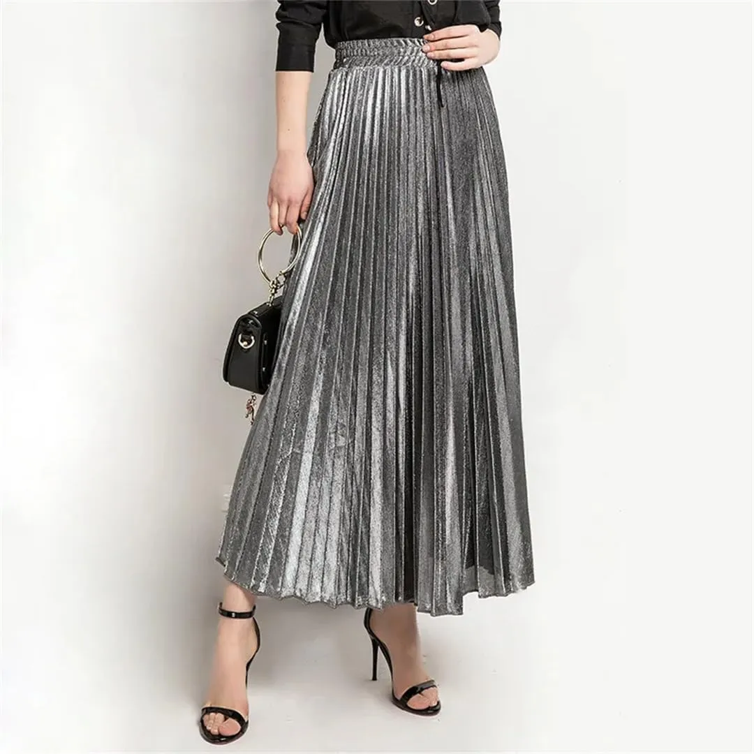 Women Clothes High Waist A-Line Pleated Sliver Vintage Elastic Long Halfbody Skirt