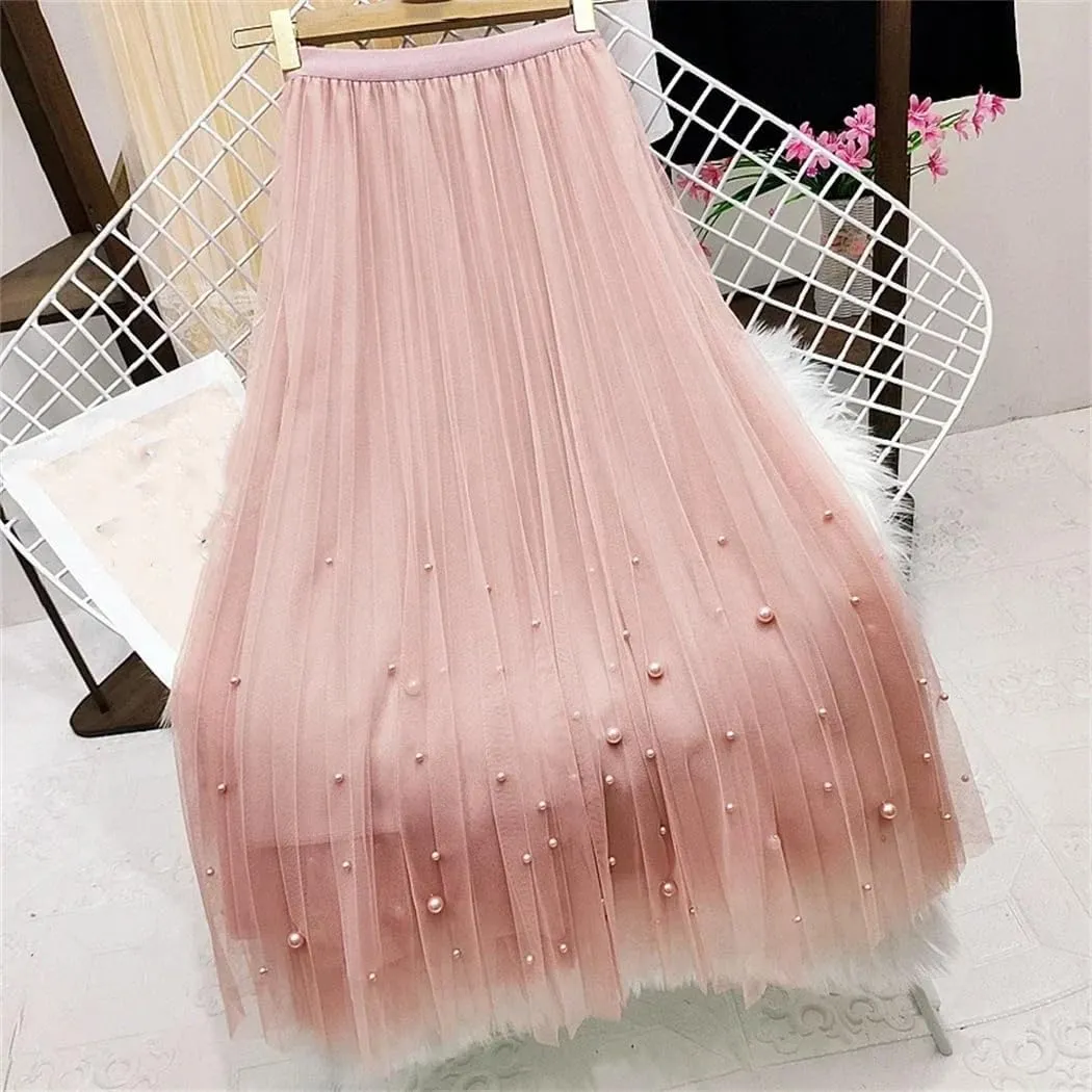 Women Solid Elegant Pearls Tulle Skirts High Waist Korean Mid Length A Line Pleated Skirt