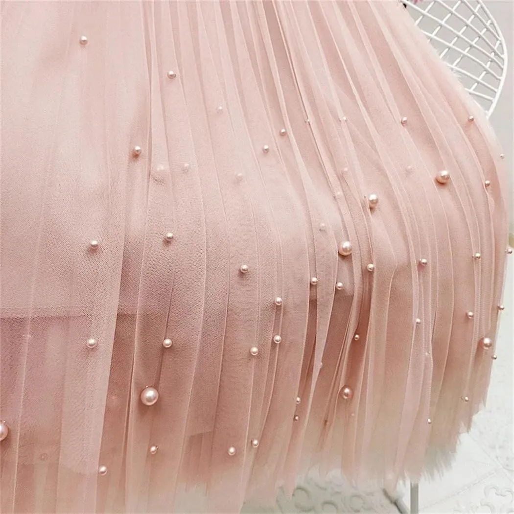 Women Solid Elegant Pearls Tulle Skirts High Waist Korean Mid Length A Line Pleated Skirt