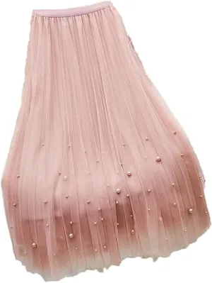 Women Solid Elegant Pearls Tulle Skirts High Waist Korean Mid Length A Line Pleated Skirt