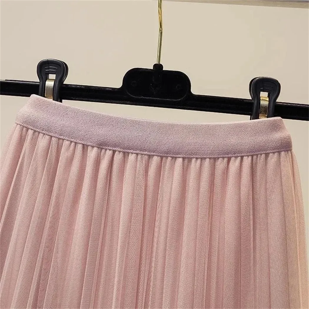 Women Solid Elegant Pearls Tulle Skirts High Waist Korean Mid Length A Line Pleated Skirt
