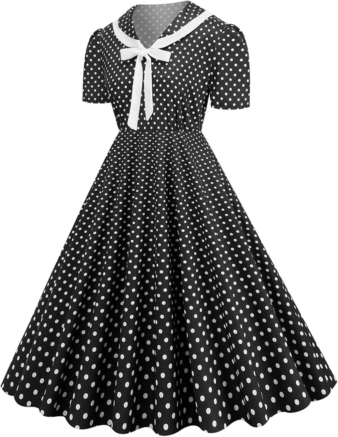 Women's 1950s Vintage Audrey Hepburn Style Cocktail Party Swing Dresses Lapel Short Sleeve Polka Dot Midi Tea Dress