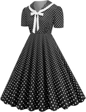 Women's 1950s Vintage Audrey Hepburn Style Cocktail Party Swing Dresses Lapel Short Sleeve Polka Dot Midi Tea Dress