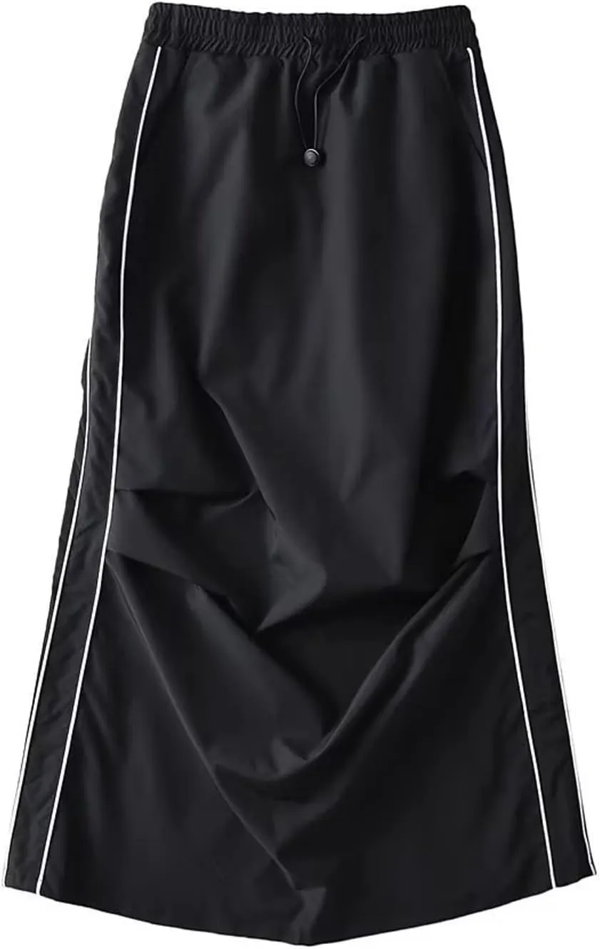 Women's Casual Drawstring Midi Skirts Summer Trendy Elastic High Waist Split Back Pencil Y2k Cargo Skirt with Pocket