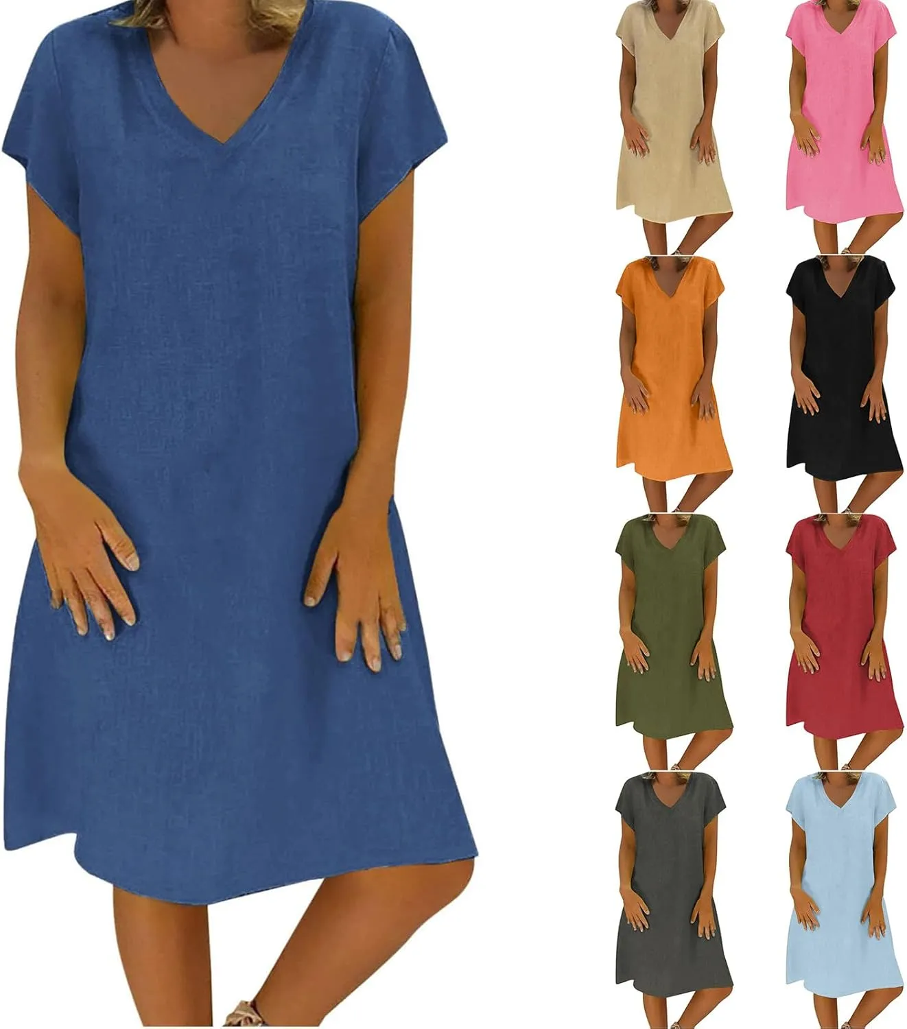 Womens Cotton Linen Midi Dresses Casual Short Sleeve Plain Knee Length Dress Elegant V Neck Loose Flowy Boho Dress