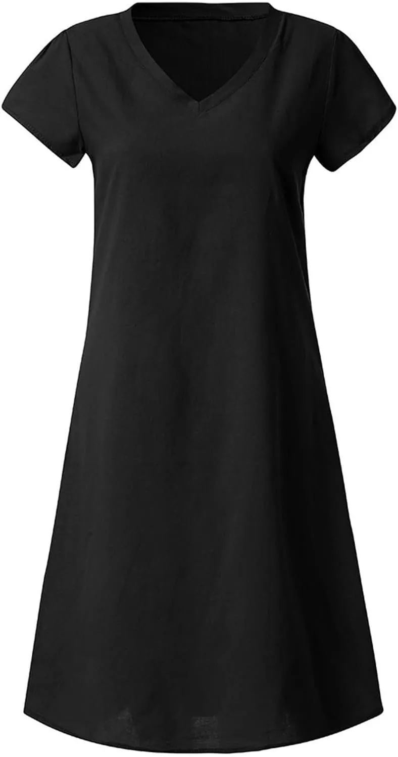 Womens Cotton Linen Midi Dresses Casual Short Sleeve Plain Knee Length Dress Elegant V Neck Loose Flowy Boho Dress