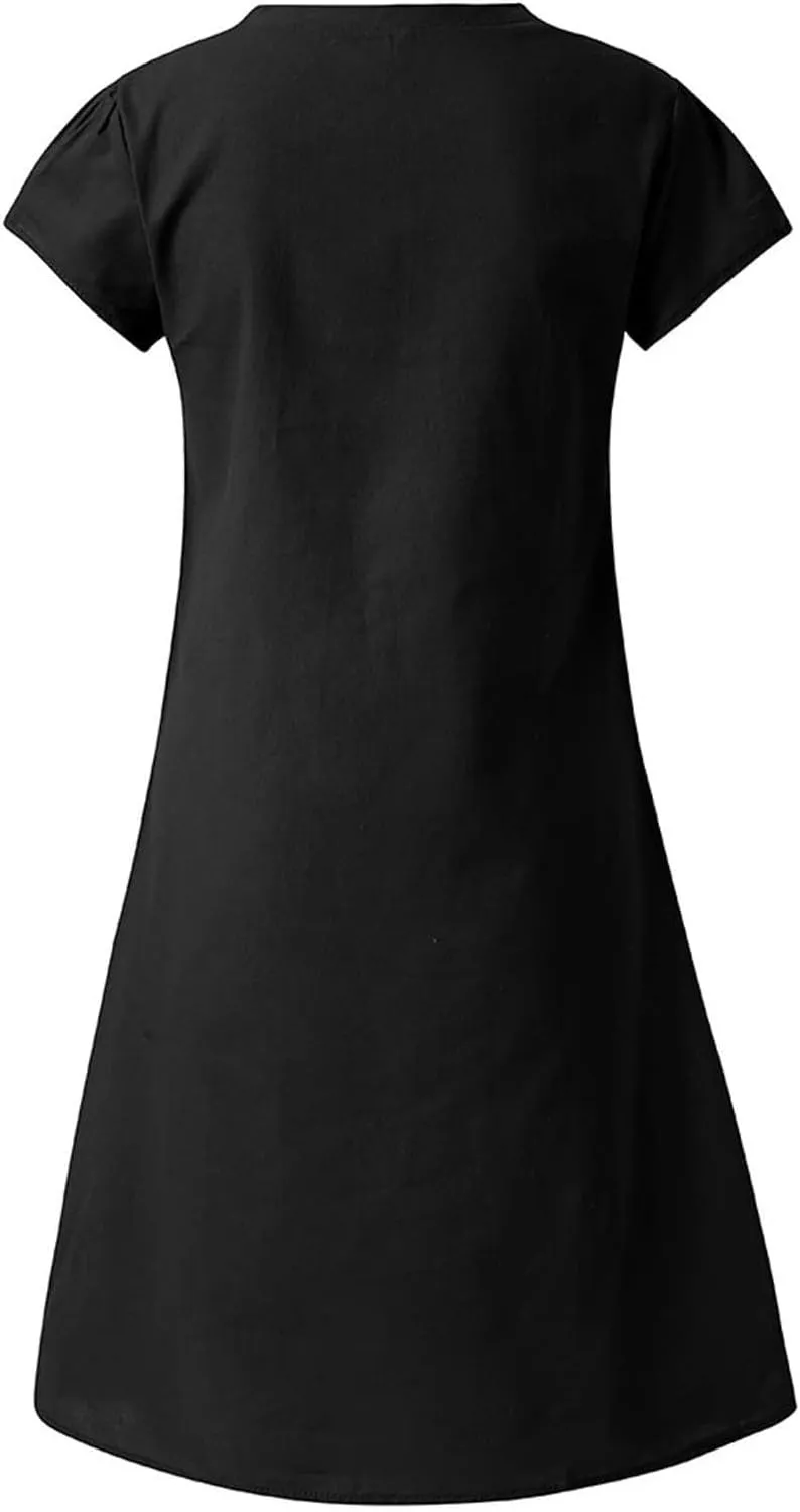 Womens Cotton Linen Midi Dresses Casual Short Sleeve Plain Knee Length Dress Elegant V Neck Loose Flowy Boho Dress