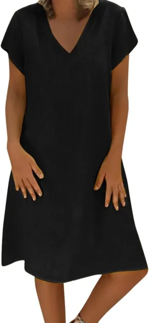 Womens Cotton Linen Midi Dresses Casual Short Sleeve Plain Knee Length Dress Elegant V Neck Loose Flowy Boho Dress