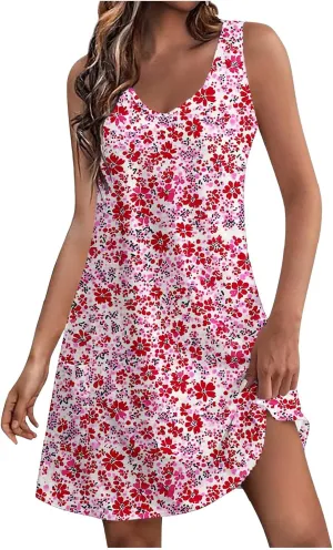 Women's Fashion Floral Dress Casual Sleeveless V Neck Loose Summer Sundress Soft Breathable Holiday Beach Dress