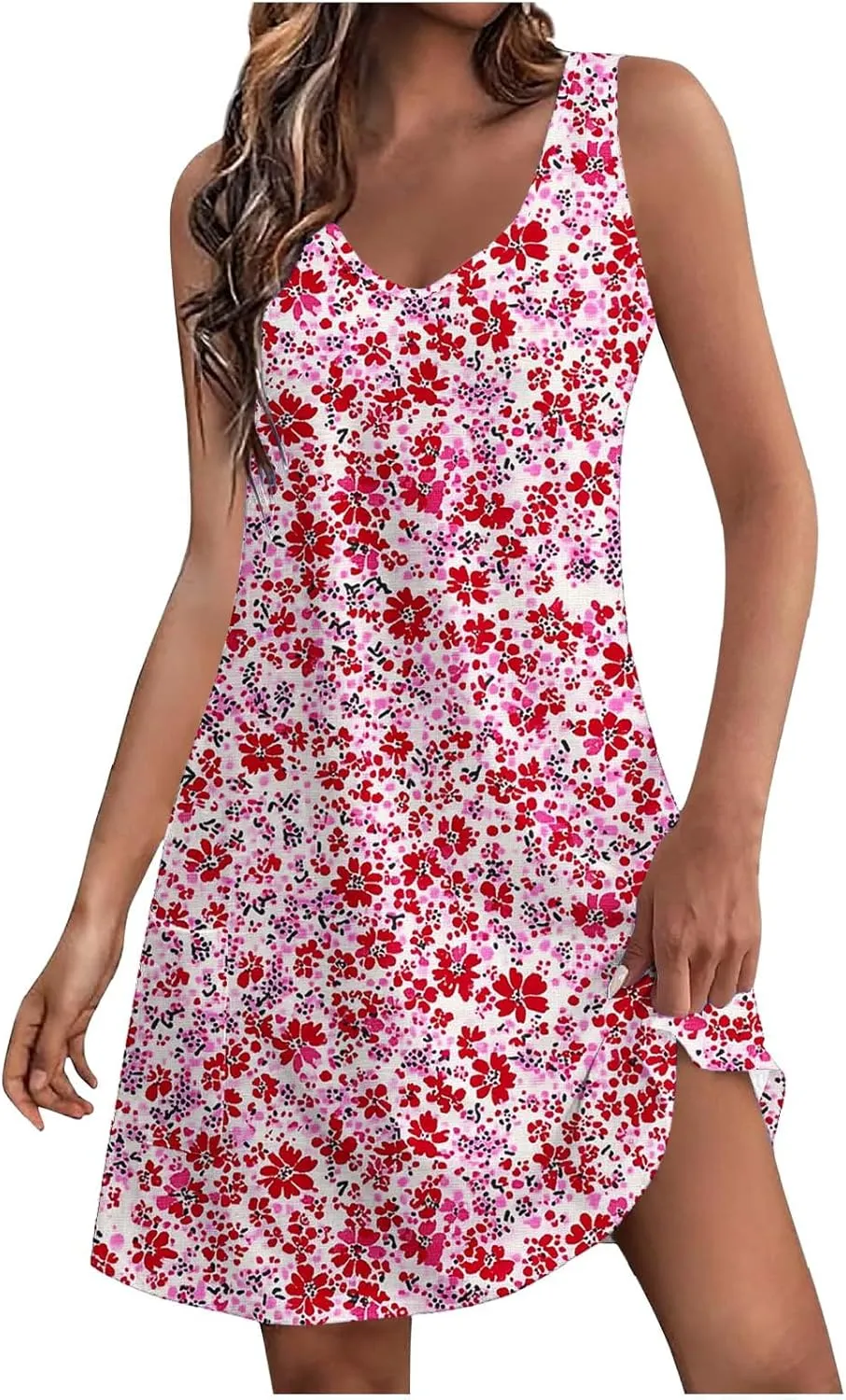 Women's Fashion Floral Dress Casual Sleeveless V Neck Loose Summer Sundress Soft Breathable Holiday Beach Dress