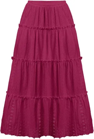 Women's Lace Embroidery Eyelet Maxi Skirt High Elastic Waisted Tiered A-Line Flowy Swing Boho Midi Long Skirts