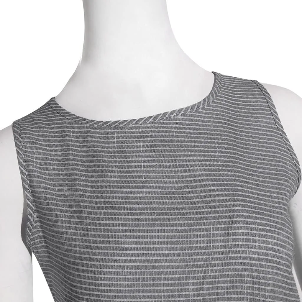 Women's Linen Dresses Sleeveless Crew Neck Striped Long Dress with Pockets 2024, S-2XL