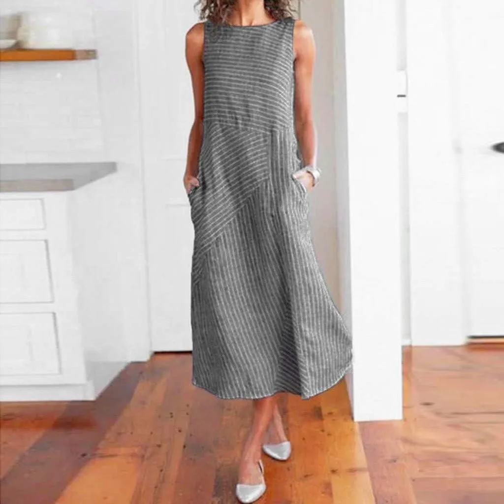 Women's Linen Dresses Sleeveless Crew Neck Striped Long Dress with Pockets 2024, S-2XL