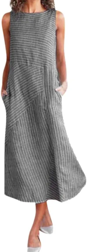 Women's Linen Dresses Sleeveless Crew Neck Striped Long Dress with Pockets 2024, S-2XL