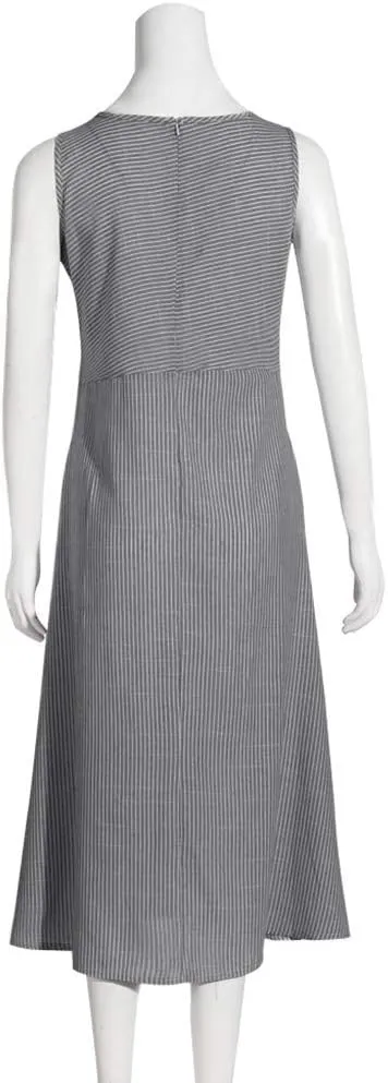 Women's Linen Dresses Sleeveless Crew Neck Striped Long Dress with Pockets 2024, S-2XL