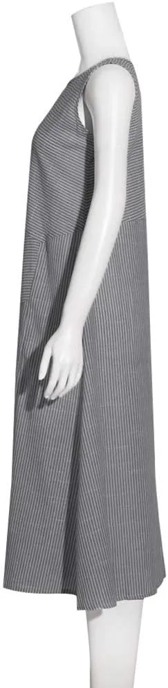 Women's Linen Dresses Sleeveless Crew Neck Striped Long Dress with Pockets 2024, S-2XL