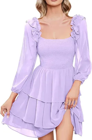 Women's Square Neck Puff Sleeve Dresses Smocked Casual A Line Fairy Dress Flowy Ruffle Hem Babydoll Mini Dress