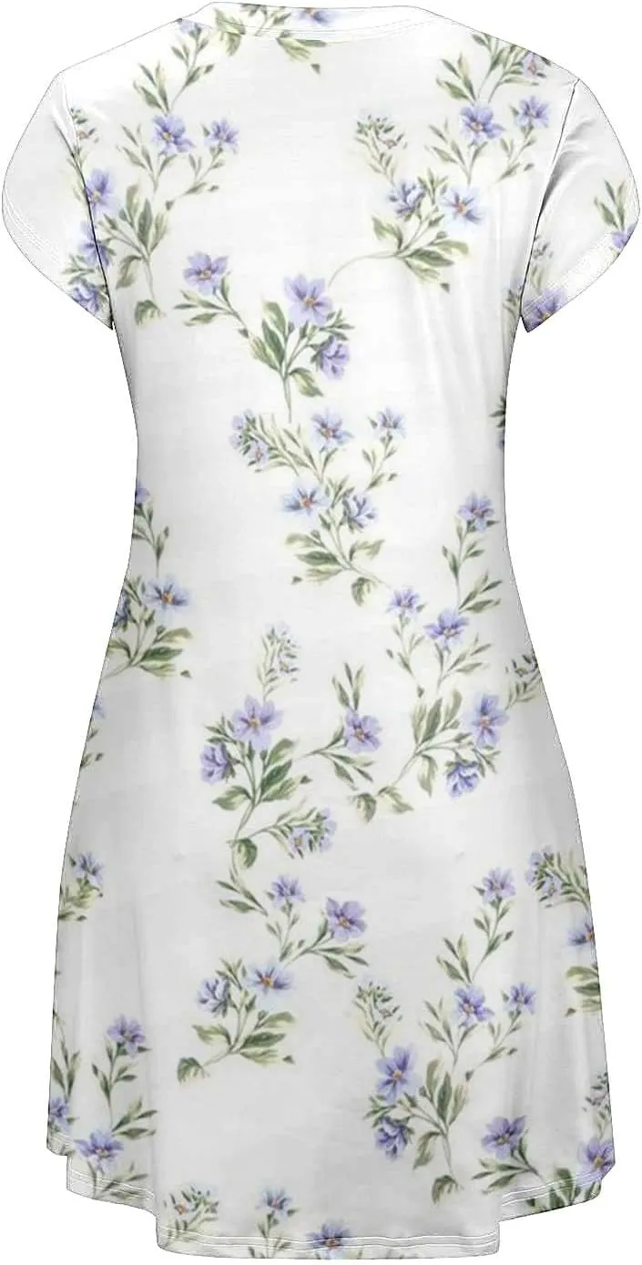 Womens Summer Dresses 2025 V Neck Short Sleeve Floral Graphic Sundresses Cute Loose Casual Midi Dress with Pockets