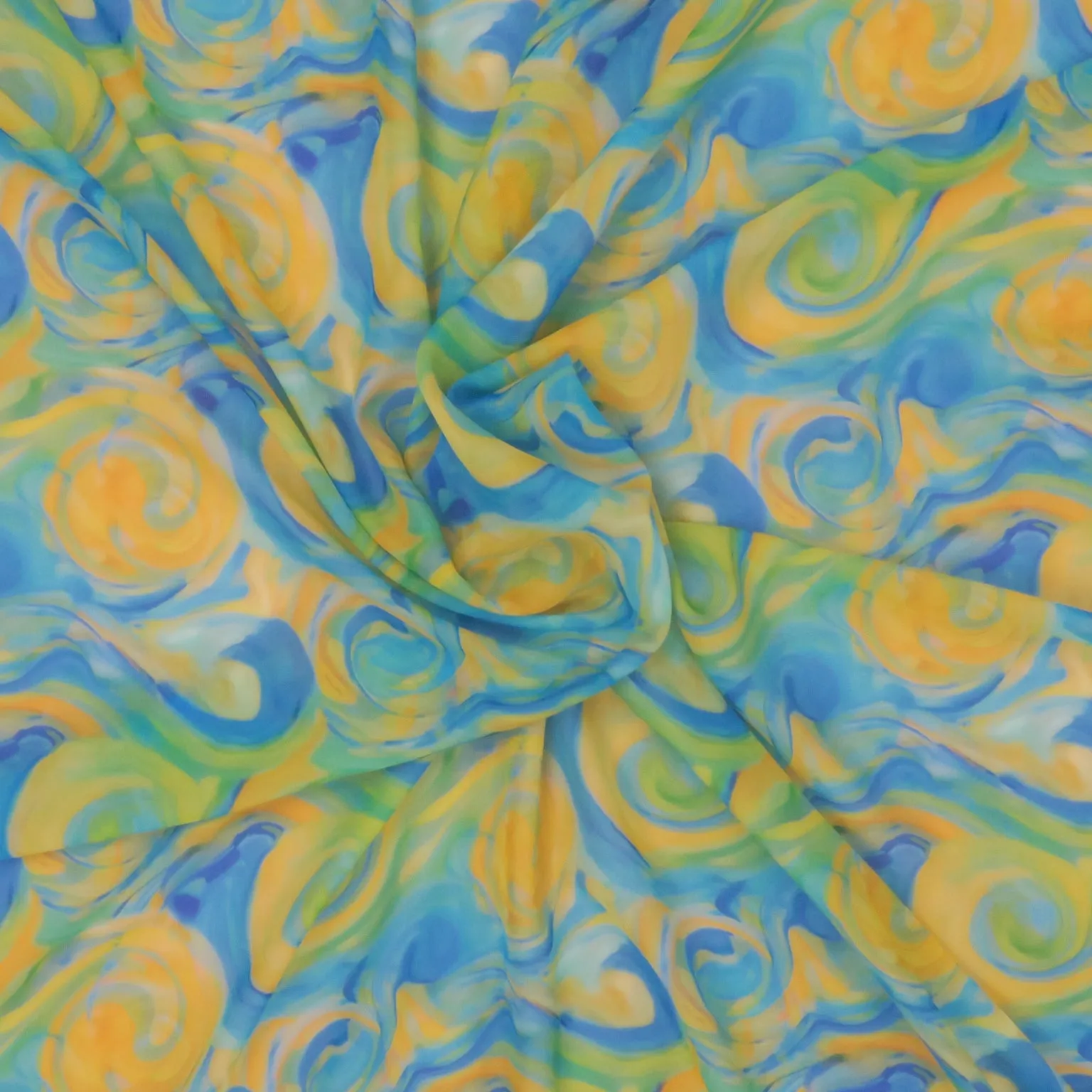 Yellow and Aqua Water Color Abstract Art Printed Silk Chiffon Fabric